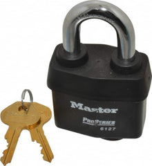 Master Lock - 1-3/8" Shackle Clearance, Keyed Alike Padlock - 7/8" Shackle Width, 7/16" Shackle Diam, Laminated Steel - Americas Industrial Supply