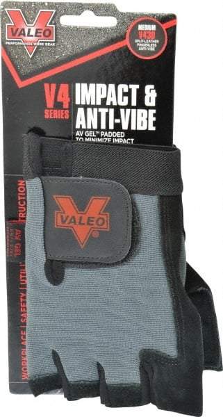 Valeo - Size M (8-9) Split Cowhide Anti-Vibration/Impact Protection Work Gloves - For General Purpose, Uncoated, Hook & Loop Cuff, Fingerless, Black, Paired - Americas Industrial Supply