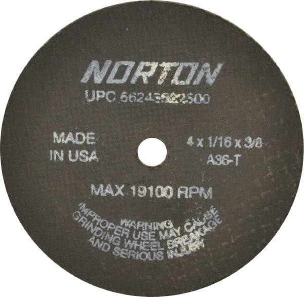 Norton - 4" 36 Grit Aluminum Oxide Cutoff Wheel - 1/16" Thick, 3/8" Arbor, 19,100 Max RPM, Use with Die Grinders - Americas Industrial Supply