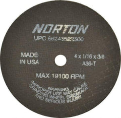 Norton - 4" 36 Grit Aluminum Oxide Cutoff Wheel - 1/16" Thick, 3/8" Arbor, 19,100 Max RPM, Use with Die Grinders - Americas Industrial Supply
