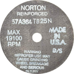 Norton - 4" 36 Grit Aluminum Oxide Cutoff Wheel - 1/16" Thick, 1/2" Arbor, 19,100 Max RPM, Use with Die Grinders - Americas Industrial Supply