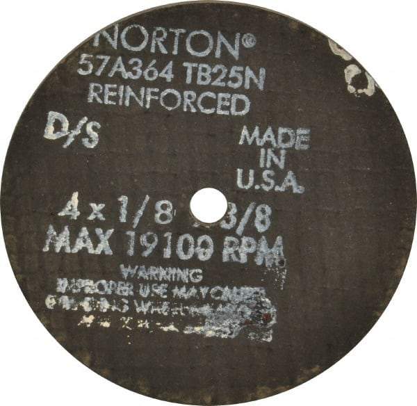 Norton - 4" 36 Grit Aluminum Oxide Cutoff Wheel - 1/8" Thick, 3/8" Arbor, 19,100 Max RPM, Use with Die Grinders - Americas Industrial Supply
