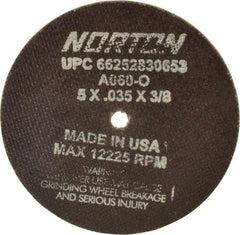 Norton - 5" 60 Grit Aluminum Oxide Cutoff Wheel - 0.035" Thick, 3/8" Arbor, 12,225 Max RPM, Use with Die Grinders - Americas Industrial Supply