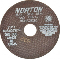 Norton - 6" 60 Grit Aluminum Oxide Cutoff Wheel - 0.035" Thick, 1-1/4" Arbor, 10,190 Max RPM, Use with Angle Grinders - Americas Industrial Supply