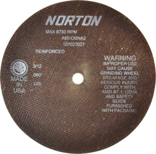 Norton - 7" 60 Grit Aluminum Oxide Cutoff Wheel - 0.06" Thick, 1/2" Arbor, 8,730 Max RPM, Use with Stationary Grinders - Americas Industrial Supply