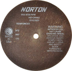 Norton - 7" 60 Grit Aluminum Oxide Cutoff Wheel - 0.06" Thick, 1/2" Arbor, 8,730 Max RPM, Use with Stationary Grinders - Americas Industrial Supply