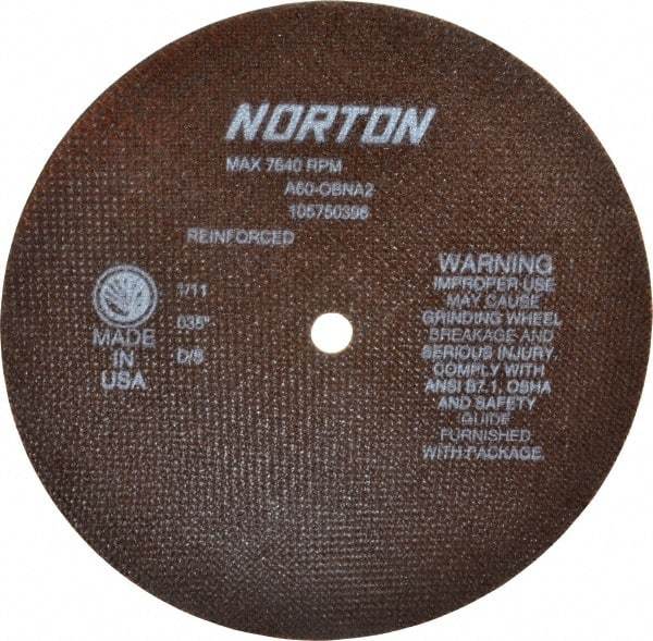 Norton - 8" 60 Grit Aluminum Oxide Cutoff Wheel - 0.035" Thick, 1/2" Arbor, 7,640 Max RPM, Use with Stationary Grinders - Americas Industrial Supply