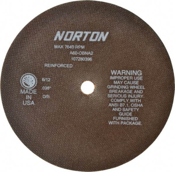 Norton - 8" 60 Grit Aluminum Oxide Cutoff Wheel - 0.035" Thick, 5/8" Arbor, 7,640 Max RPM, Use with Circular Saws - Americas Industrial Supply