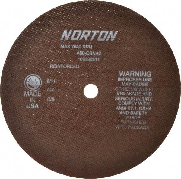 Norton - 8" 60 Grit Aluminum Oxide Cutoff Wheel - 0.06" Thick, 5/8" Arbor, 7,640 Max RPM, Use with Circular Saws - Americas Industrial Supply