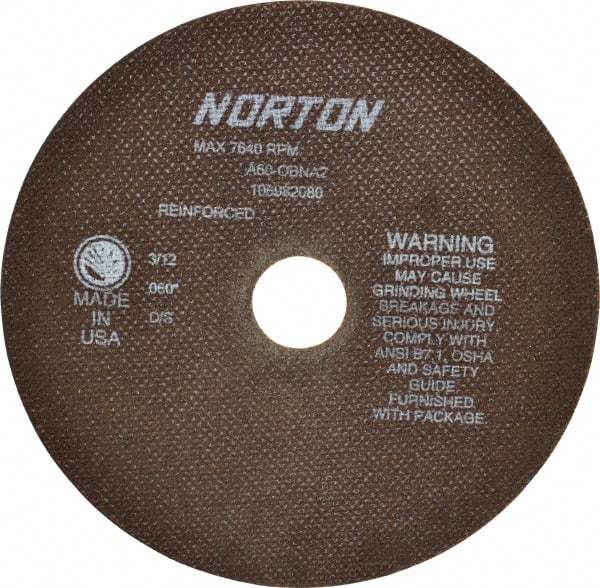 Norton - 8" 60 Grit Aluminum Oxide Cutoff Wheel - 0.06" Thick, 1-1/4" Arbor, 7,640 Max RPM, Use with Stationary Grinders - Americas Industrial Supply