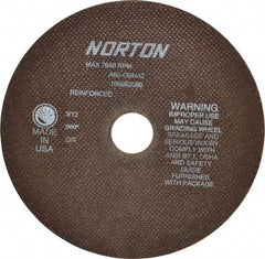 Norton - 8" 60 Grit Aluminum Oxide Cutoff Wheel - 0.06" Thick, 1-1/4" Arbor, 7,640 Max RPM, Use with Stationary Grinders - Americas Industrial Supply