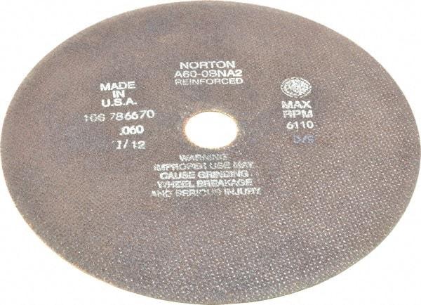 Norton - 10" 60 Grit Aluminum Oxide Cutoff Wheel - 0.06" Thick, 1-1/4" Arbor, 6,110 Max RPM, Use with Stationary Grinders - Americas Industrial Supply