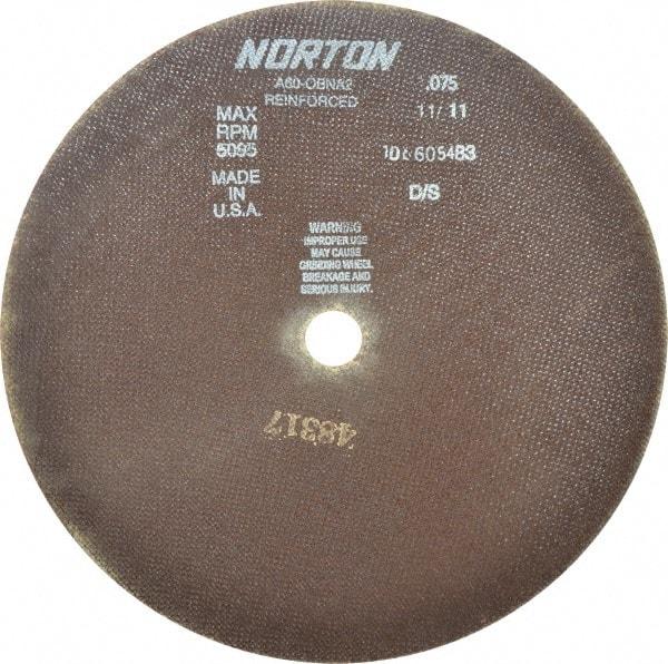 Norton - 12" 60 Grit Aluminum Oxide Cutoff Wheel - 0.075" Thick, 1" Arbor, 5,095 Max RPM, Use with Stationary Grinders - Americas Industrial Supply