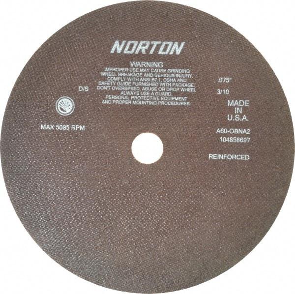 Norton - 12" 60 Grit Aluminum Oxide Cutoff Wheel - 0.075" Thick, 1-1/4" Arbor, 5,095 Max RPM, Use with Stationary Grinders - Americas Industrial Supply
