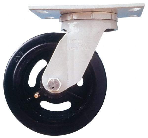 Fairbanks - 8" Diam x 2" Wide x 9-1/2" OAH Top Plate Mount Swivel Caster - Semi-Steel, 1,200 Lb Capacity, Roller Bearing, 4-1/2 x 6-1/4" Plate - Americas Industrial Supply