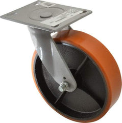 Fairbanks - 8" Diam x 2" Wide x 9-1/2" OAH Top Plate Mount Swivel Caster - Polyurethane, 1,200 Lb Capacity, Roller Bearing, 4-1/2 x 6-1/4" Plate - Americas Industrial Supply