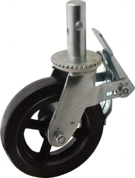 Fairbanks - 9-1/2" Diam x 2" Wide, Rubber Molded on 70 Durometer Swivel with Brake Double Braking Lock Design Caster - 500 Lb Capacity, Round Scaffold Stem Mount, Roller Bearing - Americas Industrial Supply