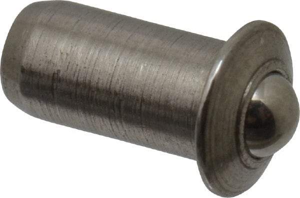 Vlier - 1/4" Body Length x 1/8" Body Diam, 0.75 Lb Init to 2.5 Lb Final End Force, Stainless Steel Press Fit Ball Plunger - 3/32" Ball Diam, 0.035" Max Ball Reach, 0.032" Flange Thickness - Americas Industrial Supply