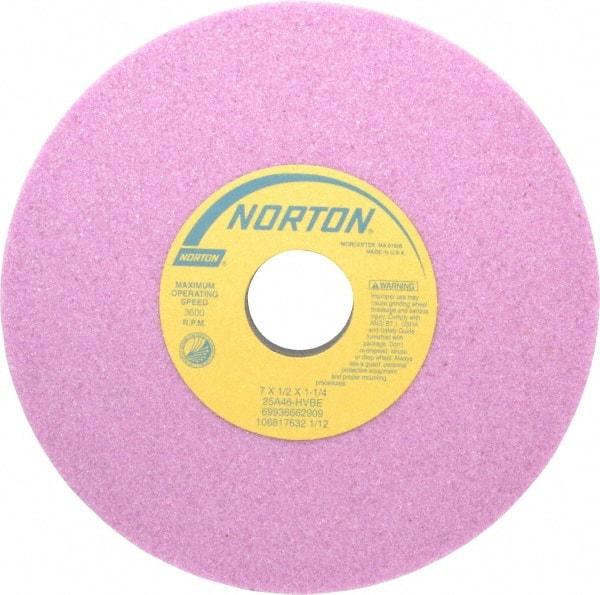 Norton - 7" Diam x 1-1/4" Hole x 1/2" Thick, H Hardness, 46 Grit Surface Grinding Wheel - Aluminum Oxide, Type 1, Coarse Grade, 3,600 Max RPM, Vitrified Bond, No Recess - Americas Industrial Supply