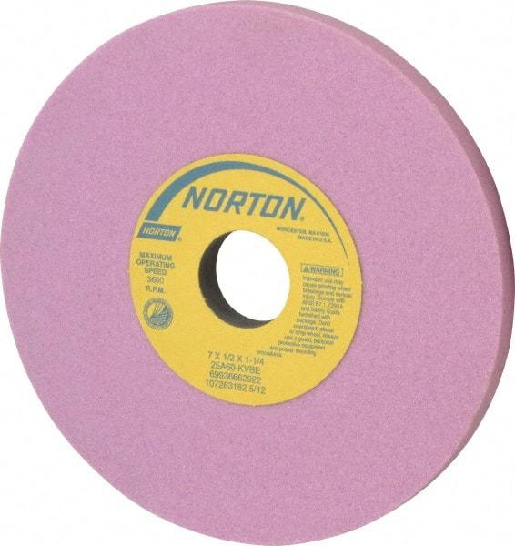 Norton - 7" Diam x 1-1/4" Hole x 1/2" Thick, K Hardness, 60 Grit Surface Grinding Wheel - Aluminum Oxide, Type 1, Medium Grade, 3,600 Max RPM, Vitrified Bond, No Recess - Americas Industrial Supply
