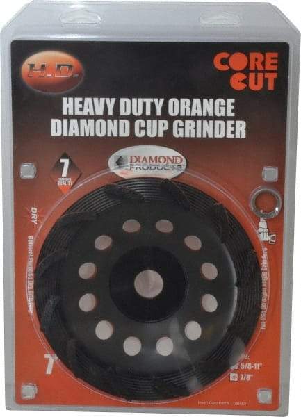 Core Cut - 7" Diam, 7/8" Hole Size, 3/16" Overall Thickness, Spiral Cup Tool & Cutter Grinding Wheel - Diamond, 8,725 RPM - Americas Industrial Supply