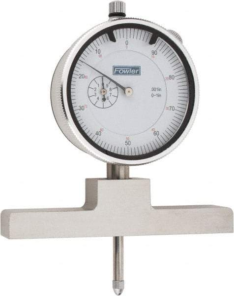 Fowler - 0 to 22 Inch Range, Steel, White Dial Depth Gage - 0.001 Inch Graduation, 0.001 Inch Accuracy, 1 Inch Travel, 4 Inch Base Measuring Length - Americas Industrial Supply