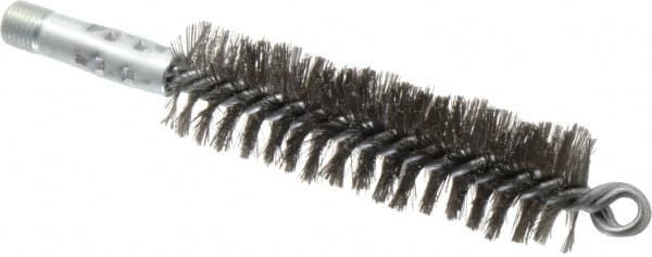 Schaefer Brush - 4-1/2" Brush Length, 1-1/4" Diam, Double Stem, Double Spiral Tube Brush - 7-1/4" Long, Stainless Steel, 1/4" NPSM Male Connection - Americas Industrial Supply