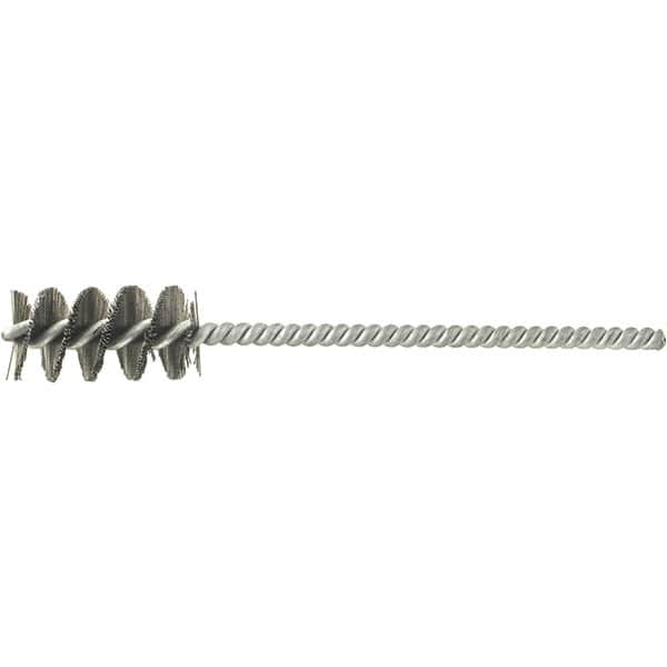 Brush Research Mfg. - 11/32" Diam Helical Stainless Steel Tube Brush - Single Spiral, 0.004" Filament Diam, 1-1/4" Brush Length, 4-1/2" OAL, 0.14" Diam Galvanized Steel Shank - Americas Industrial Supply