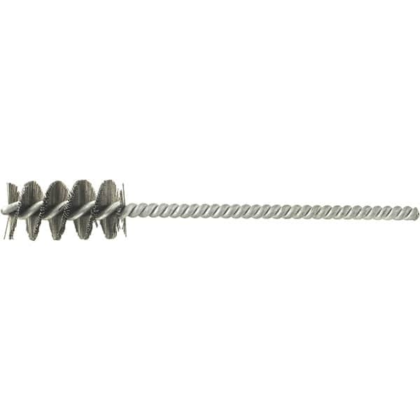 Brush Research Mfg. - 11/16" Diam Helical Stainless Steel Tube Brush - Single Spiral, 0.008" Filament Diam, 1-1/2" Brush Length, 5" OAL, 0.22" Diam Galvanized Steel Shank - Americas Industrial Supply