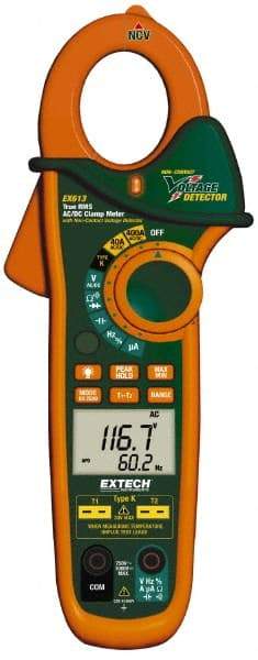 Extech - EX613, CAT III, Digital True RMS Auto Ranging Clamp Meter with 1-1/4" Clamp On Jaws - 600 VAC/VDC, 400 AC/DC Amps, Measures Voltage, Capacitance, Current, Frequency, Resistance - Americas Industrial Supply