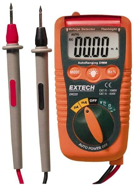 Extech - DM220, CAT IV, 600 VAC/VDC, Digital Auto Ranging Multimeter - 40 mOhm, Measures Voltage, Current, Frequency, Resistance - Americas Industrial Supply