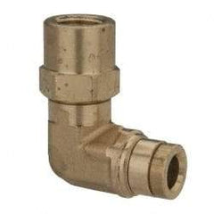 Parker - 1/4" Outside Diam, 1/8 NPTF, Brass Push-to-Connect Tube Female Swivel Elbow - 250 Max psi, Tube to Female NPT Connection, Buna-N O-Ring - Americas Industrial Supply