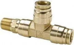 Parker - 1/4" Outside Diam, 1/8 NPTF, Brass Push-to-Connect Tube Male Swivel Run Tee - 250 Max psi, Tube to Male NPT Connection, Buna-N O-Ring - Americas Industrial Supply