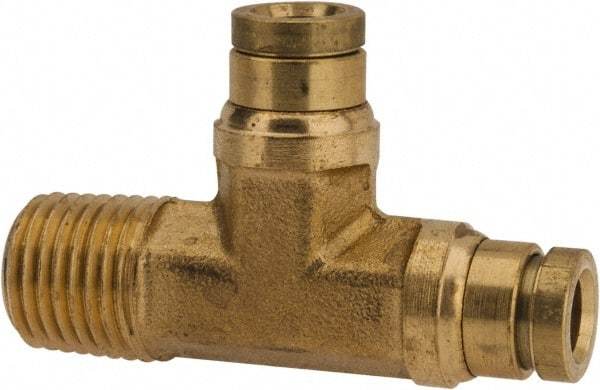 Parker - 1/4" Tube OD, 1/4 NPTF Brass Push-to-Connect Tube Male Run Tee - 250 Max psi, Tube to Male NPT Connection, Buna-N O-Ring, -40 to 200°F Working Temp - Americas Industrial Supply