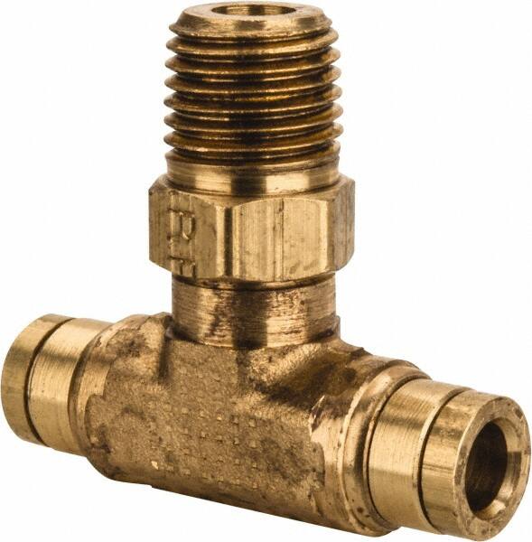 Parker - 1/4" Outside Diam, 1/4 NPT, Brass Push-to-Connect Tube Male Swivel Branch Tee - 250 Max psi, Tube to Male NPT Connection, Buna-N O-Ring - Americas Industrial Supply