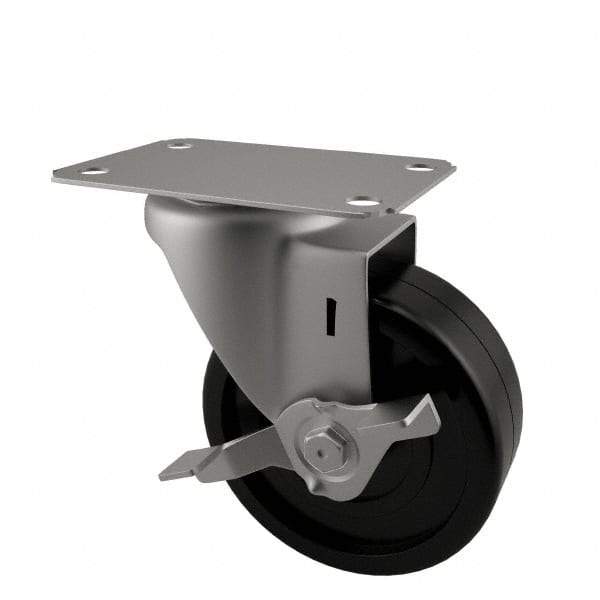 E.R. Wagner - 3" Diam x 1-1/4" Wide x 3-3/4" OAH Top Plate Mount Swivel Caster with Brake - Soft Rubber, 125 Lb Capacity, Delrin Bearing, 2-3/4 x 3-3/4" Plate - Americas Industrial Supply