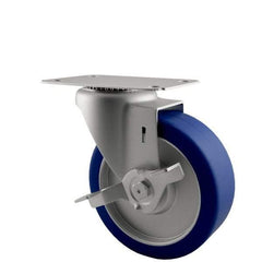 E.R. Wagner - 5" Diam x 1-1/4" Wide x 5-5/8" OAH Top Plate Mount Swivel Caster with Brake - Polyurethane, 280 Lb Capacity, Delrin Bearing, 2-3/4 x 3-3/4" Plate - Americas Industrial Supply