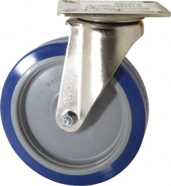E.R. Wagner - 6" Diam x 1-1/2" Wide x 7-3/8" OAH Top Plate Mount Swivel Caster - Polyurethane, 450 Lb Capacity, Delrin Bearing, 3-1/8 x 4-1/8" Plate - Americas Industrial Supply