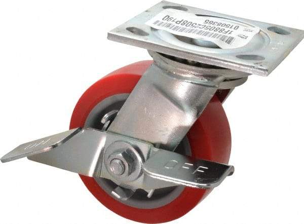E.R. Wagner - 5" Diam x 2" Wide x 6-1/2" OAH Top Plate Mount Swivel Caster with Brake - Polyurethane, 750 Lb Capacity, Roller Bearing, 4 x 4-1/2" Plate - Americas Industrial Supply