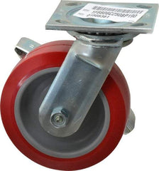 E.R. Wagner - 6" Diam x 2" Wide x 7-1/2" OAH Top Plate Mount Swivel Caster with Brake - Polyurethane, 900 Lb Capacity, Roller Bearing, 4 x 4-1/2" Plate - Americas Industrial Supply