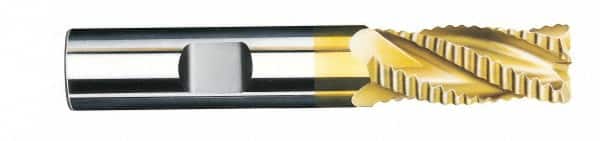 SGS - 1/2" Diam, Coarse Pitch, 1" LOC, 4 Flute Solid Carbide 0.06" Corner Radius Roughing End Mill - TiN Finish, 3" OAL, 1/2" Shank Diam, Single End, Centercutting, 30° Helix - Americas Industrial Supply