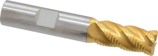 SGS - 1/2" Diam, Coarse Pitch, 1" LOC, 4 Flute Solid Carbide 0.06" Corner Radius Roughing End Mill - TiN Finish, 3" OAL, 1/2" Shank Diam, Single End, Centercutting, 40° Helix - Americas Industrial Supply