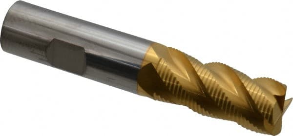 SGS - 3/4" Diam, Coarse Pitch, 1-5/8" LOC, 4 Flute Solid Carbide 0.06" Corner Radius Roughing End Mill - TiN Finish, 4" OAL, 3/4" Shank Diam, Single End, Centercutting, 40° Helix - Americas Industrial Supply