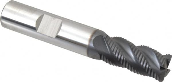 SGS - 1/2" Diam, Coarse Pitch, 1" LOC, 4 Flute Solid Carbide 0.06" Corner Radius Roughing End Mill - AlTiN Finish, 3" OAL, 1/2" Shank Diam, Single End, Centercutting, 40° Helix - Americas Industrial Supply