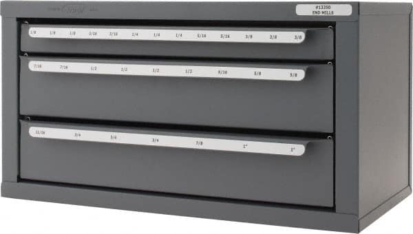 Huot - 3 Drawer, 1/8 to 1" End Mill Diam, Steel End Mill Storage - 14-5/8" Wide x 7-3/8" Deep x 7-3/4" High, 10-1/4 Lb. Weight, 29 Compartments - Americas Industrial Supply