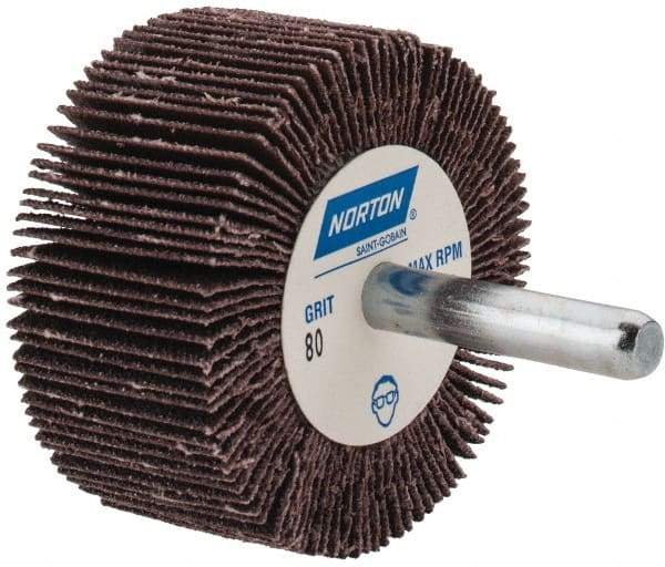 Norton - 2" Diam x 1" Face Width, Medium Aluminum Oxide Coated Mounted Flap Wheel - 1/4" Shank Mount, 80 Grit, Cloth Backing, 23,000 Max RPM - Americas Industrial Supply