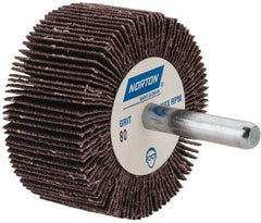 Norton - 2" Diam x 1" Face Width, Medium Aluminum Oxide Coated Mounted Flap Wheel - 1/4" Shank Mount, 80 Grit, Cloth Backing, 23,000 Max RPM - Americas Industrial Supply