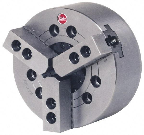 Atlas Workholding - 3 Jaws, 6" Chuck Diam, A2-5 Mount, 1.771" Through Hole, Drawbar, Hydraulic Power Lathe Chuck - 12,540 Lb Force per Jaw, 1.5mm x 60 Serrated Jaw Interface, 0.59" to 6.65" Jaw Capacity, 6,000 RPM - Americas Industrial Supply