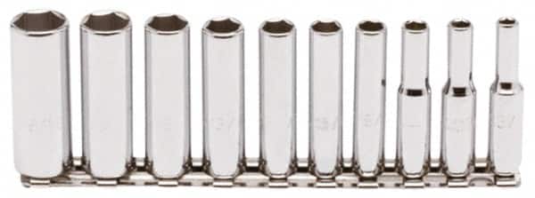 Proto - 10 Piece 1/4" Drive Chrome Finish Deep Well Socket Set - 6 Points, 3/16" to 9/16" Range, Inch Measurement Standard - Americas Industrial Supply