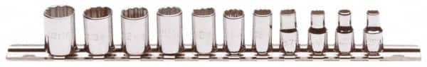 Proto - 11 Piece 1/4" Drive Chrome Finish Socket Set - 12 Points, 5mm to 14mm Range, Metric Measurement Standard - Americas Industrial Supply